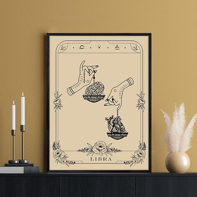 SERIMINO Witchy Framed Wall Art, Libra Tarot Canvas Prints Paintings, Horoscope Dark Academia Home Decor Aesthetic, 12X16inch Gothic Wall Decor for Room