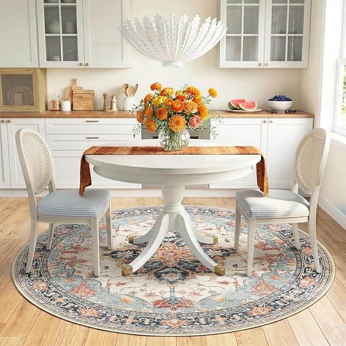 RELEANY Area Rugs Round 6ft Washable Non-Slip, Floral Vintage Distress Print Pattern Medallion Carpet for Living Room Bedroom Dining Room, Beige Navy Blue Orange Colorful