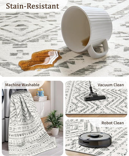 Miukiki 8x10 Area Rug for Living Room Moroccan Washable Rugs Non Slip Indoor Floor Carpet Foldable Large Soft Area Rug for Dining Room Bedroom with Low Pile(Grey,8'x10')