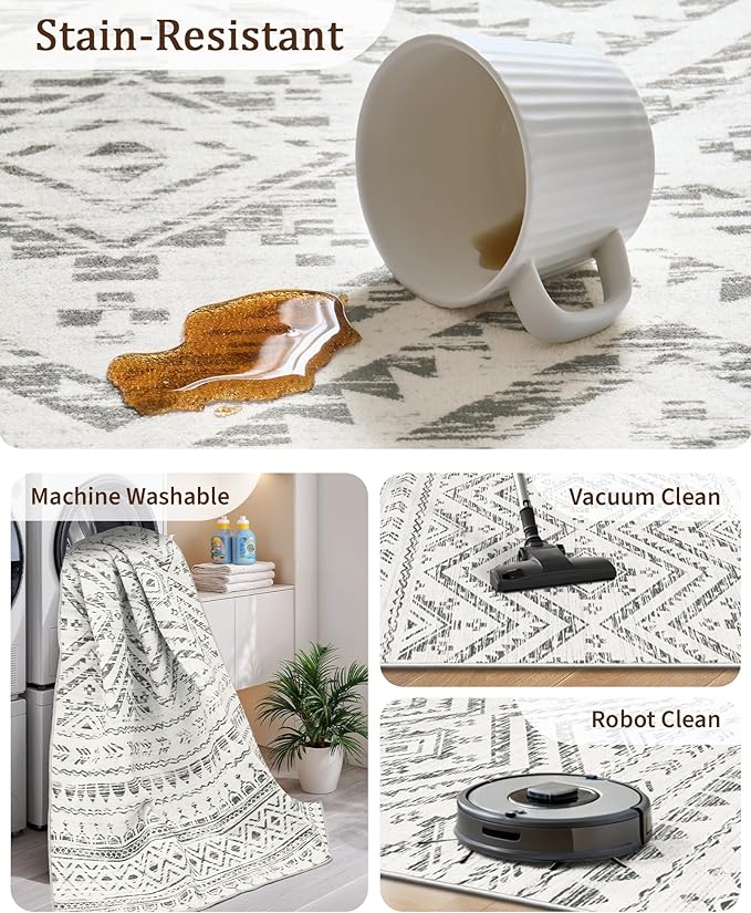 Miukiki 10x14 Area Rugs for Living Room Moroccan Washable Rugs Non Slip Indoor Floor Carpet Foldable Large Soft Area Rug with Low Pile for Dining Room Bedroom Office(Grey,10'x14')