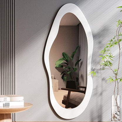 55"x 24" Irregular Wavy Full Length Mirror White Wooden Framed Full Body Mirror Irregular Wall Mirrors Hanging for Bedroom Living Room Cloakroom