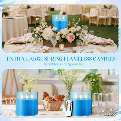 Retisee 6'' x 6'' Extra Large Flameless Candles, 3 Wick Glass Large Candles with Remote Control and Timer Function, Real Wax LED Pillar Flickering for St. Patrick's Spring Party Decor(Blue,1 Pcs)