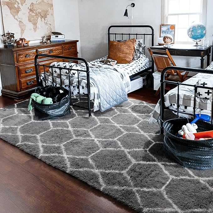 ONASAR Area Rugs for Living Room Bedroom, 5x8 Fluffy Grey and White Rug, Geometric Boho Soft Plush Shaggy Fuzzy Floor Carpet for Nursery Kids Girls Boys Teen Dorm Home Decor Aesthetic