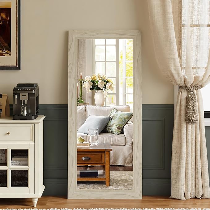 Syndra Modern Full Length Mirror Wood Frame, 56x20'' Large Floor Mirror with HD Tempered Glass & Wall Mount, Rectangular Standing Mirror for Bedroom, Living Room, Entryway, Farmhouse(Grey White Oak)