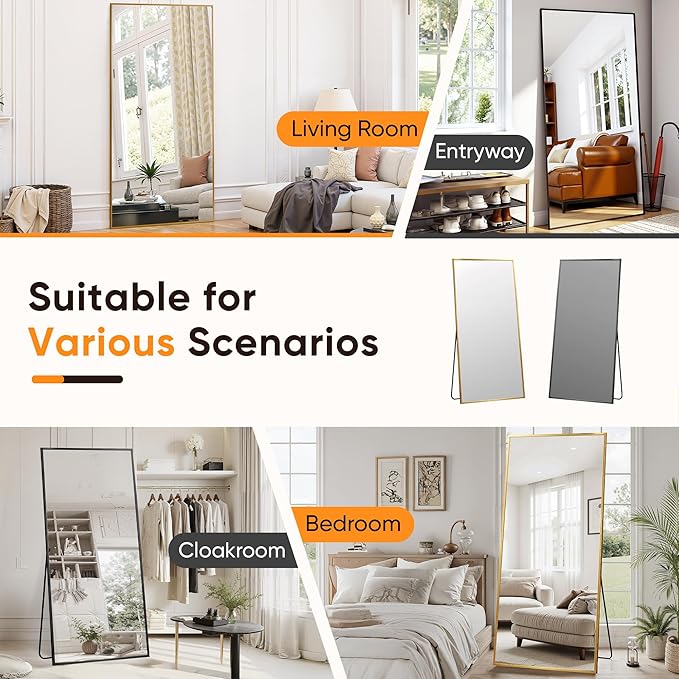 Suidia Full Length Mirror, 76"x34" Floor Standing Mirror Freestanding, Full Body Mirrors with Stand for Bedroom, Hanging Mounted for Living Room Cloakroom, Gold, Rectangular Style
