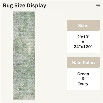 Soalmost Runner Rug 2x10 Washable Non-Slip Hallway Runner Rugs for Kitchen Bathroom Laundry Room Green/Ivory Vintage Floor Carpet Runners for Hallways Entryway