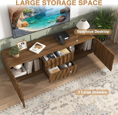 TV stand for 65'' TV , Media Console Table with Storage Cabinet, Spiral Wave Design,Low Profile Credenza for Living Room,Entertainment Center Television Stand with Curved Corner for Bedroom Walnut