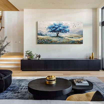 SERIMINO Tree of Life Large Wall Art, Country Landscape Canvas Art Prints, Blue Tree Nature Artwork for Walls, Modern Wall Pictures for Living Room Bedroom Dining Room, Rustic Farmhouse Decor 24"X48"