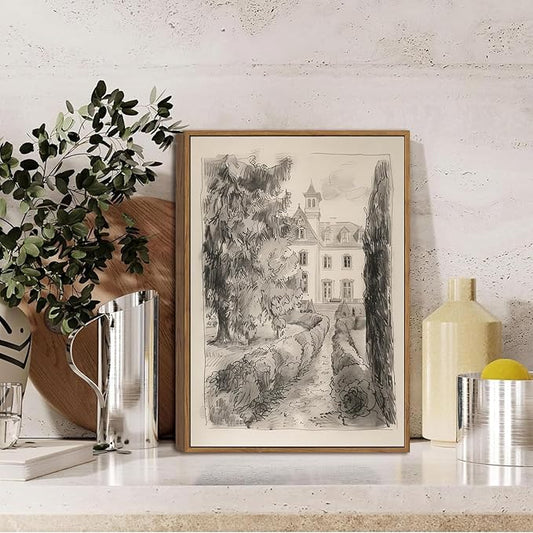WALLZK Vintage Framed Wall Art French Country Sketch Canvas Prints Neutral Landscape Cottagecore Decor Pictures Artwork for Walls Living Room Bedroom Bathroom 8"x10"