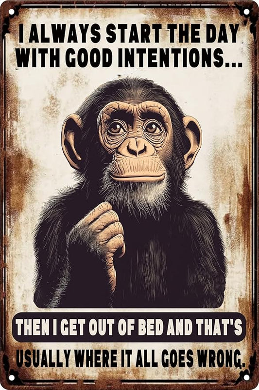 Monkey Decor Start with Funny Poster Sarcastic Metal Vintage Aluminum Sign Retro Wall Decor Plaque for Club Living Room Garage Porch Farmhouse 8x12 in