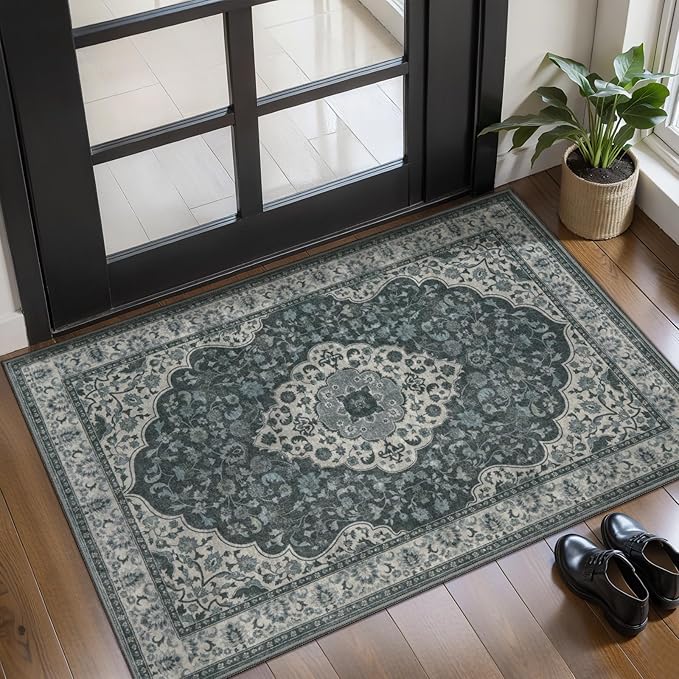 Tangsoo Vintage 2x3 Small Area Rug for Entryway,Washable Non-Slip Rubber Backing Indoor Mat,Grey Green Soft Low Pile Front Door Carpet for Bedroom Front Porch Entrance Kitchen