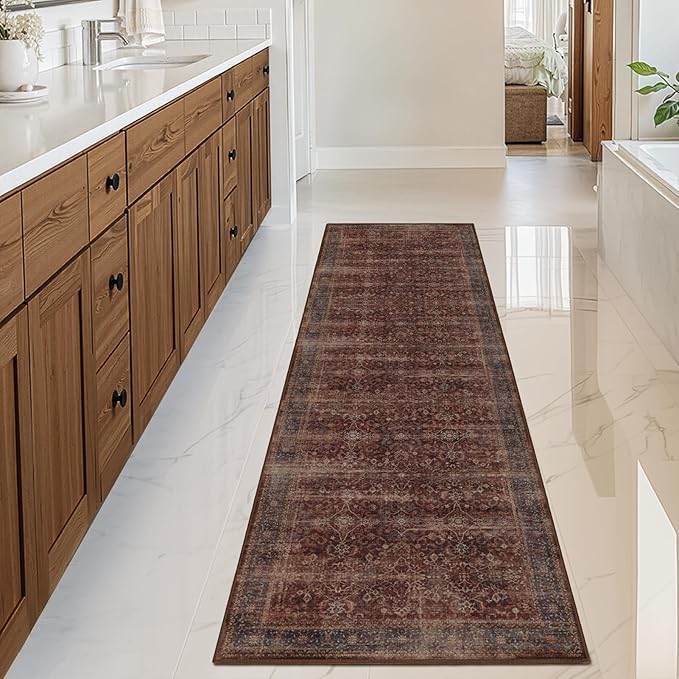 Brick Red 2x6 Rug Runners for Hallways Non Slip, Washable Non Slip Thin Carpet Runners for Kitchen Floor, Vintage Distressed Earth Tone Runner Rug for Entryway/Foyer/Bedroom/Laundry Room