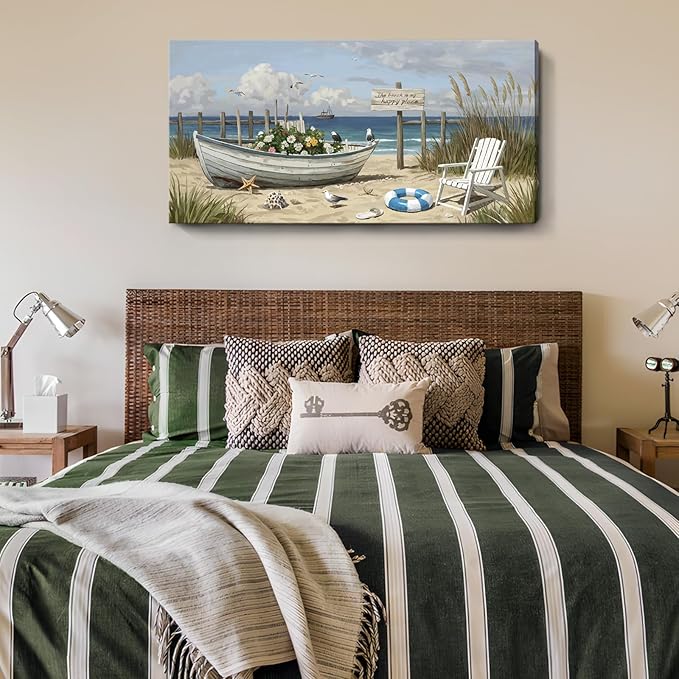 Large Seaside Wall Art, Modern Natural Canvas Wall Decor. Floral Coastal Boat Landscape Print Picture, Romantic Coastal Artwork For Living Room, Bedroom, Bathroom, Kitchen, And Study. 48X24 Inches.