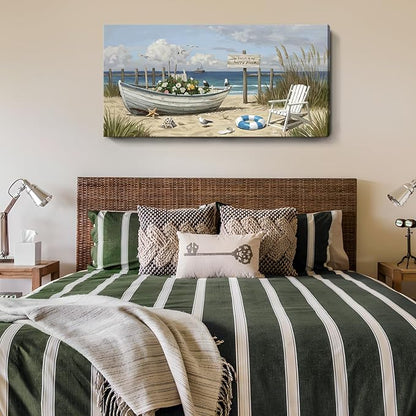 Large Seaside Wall Art, Modern Natural Canvas Wall Decor. Floral Coastal Boat Landscape Print Picture, Romantic Coastal Artwork For Living Room, Bedroom, Bathroom, Kitchen, And Study. 48X24 Inches.