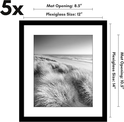 Americanflat 12x14 Picture Frame with Polished Plexiglass - Set of 5 - Use as 9x11 Frame with Mat or Display 12x14 Photo Without Mat - Galleria Collection - Picture Frames for Wall Display - Black