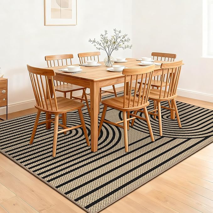 Easy Jute Rug for Living Room, 5' x 7' Area Rug, Black Farmhouse Ultra-Thin Washable Non-Slip Outdoor Rug for Bedroom, Dining Room, Backyard, Home Decor