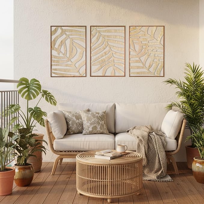 Jinzhenhong 3Pcs Modern Wooden Wall Sculptures, Leaf Sign Vintage Tropical Plant Wall, Wood Rustic Palm Leaf Wall Art Decor for Living Room Bathroom Bedroom Office (Leaf 2 Light Brown)