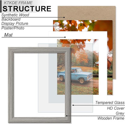 KTKDE 11x13 Picture Frame,Display Pictures 8x10 with Mat or 11x13 Without, Tempered Glass,13 by 11 Gray Wooden Frame Wall Gallery Poster Frame best gift
