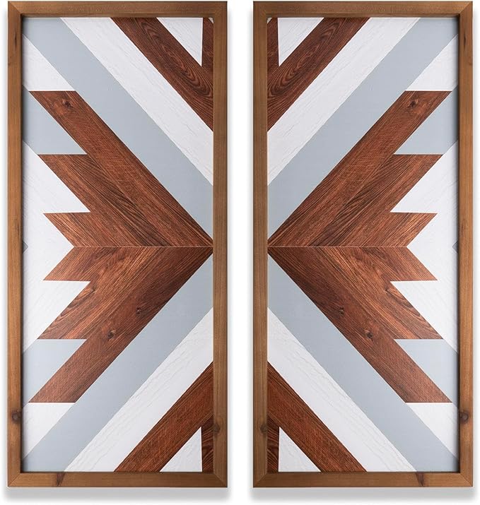 2Pcs Aztec Wood Wall Decor Southwest Nursery Kitchen Boho Cyan Black Wall Art Modern Vintage Geometric Farmhouse Rectangle Framed Hanging Signs Living Room Bathroom Decor