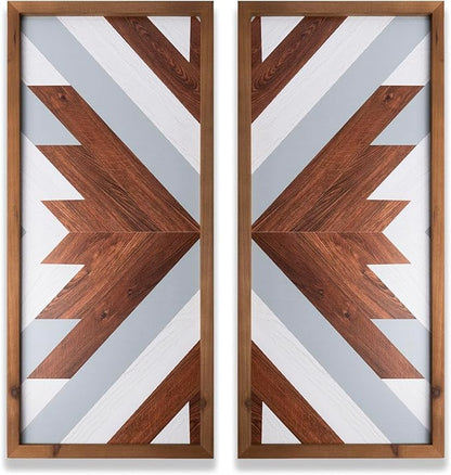 2Pcs Aztec Wood Wall Decor Southwest Nursery Kitchen Boho Cyan Black Wall Art Modern Vintage Geometric Farmhouse Rectangle Framed Hanging Signs Living Room Bathroom Decor