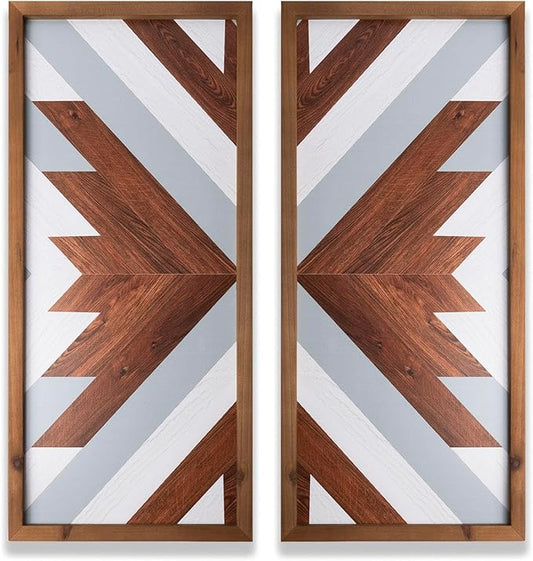 2Pcs Aztec Wood Wall Decor Southwest Nursery Kitchen Boho Cyan Black Wall Art Modern Vintage Geometric Farmhouse Rectangle Framed Hanging Signs Living Room Bathroom Decor