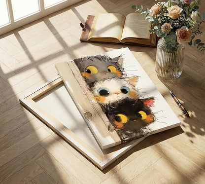 Cute Little Kitten Canvas Wall Art Funny Cartoon Cat Wall Decor Picture Three Peeping Kittens Poster Print for Kids Room Bathroom Dining Room Nursery Cat Lovers Painting Artwork Home Decoration
