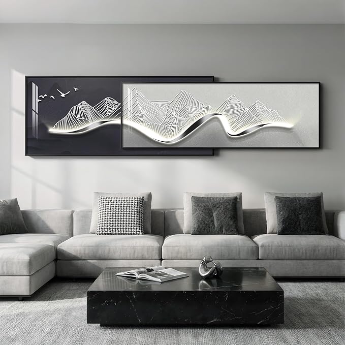 Extra Large Framed Modern Wall Art for Living Room, Set of 2 Long Narrow Black and White Abstract Mountain Prints Paintings, Horizontal Minimalist Pictures for Bedroom Dining Room Office Wall Decor