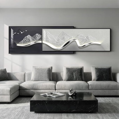 Extra Large Framed Modern Wall Art for Living Room, Set of 2 Long Narrow Black and White Abstract Mountain Prints Paintings, Horizontal Minimalist Pictures for Bedroom Dining Room Office Wall Decor