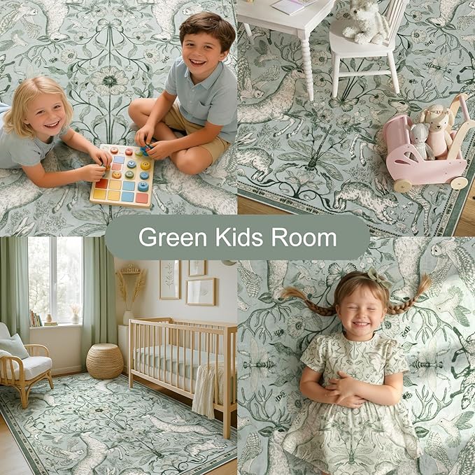 Lahome 6x9 Washable Deer Rug, Dorval Boho Botanical Cottage Area Rug, Non Slip Low Pile Soft Light Green Carpet for Living Room Dining Room Bedroom Kitchen Nursery Decor