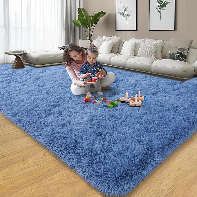qulint 6x9 Area Rug for Living Room, Shag Fluffy Blue Rug for Bedroom Modern Soft Large Carpet, Plush Shaggy Alfombra para Sala Fuzzy Carpet for Dorm Playroom Classroom Home Decor (6ft x 9ft, Blue)