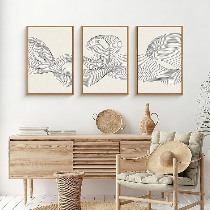 HPNIUB Neutral Abstract Beige Wave Framed Wall Art Set,Minimalist Black Line Wave Wall Decor,Modern Geometric Art Print,Boho Textured Artwork for Living Room, Bedroom,Office-24 x36 x3