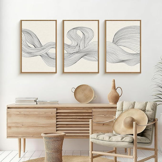 HPNIUB Neutral Abstract Beige Wave Framed Wall Art Set,Minimalist Black Line Wave Wall Decor,Modern Geometric Art Print,Boho Textured Artwork for Living Room, Bedroom,Office-16''x24''x3