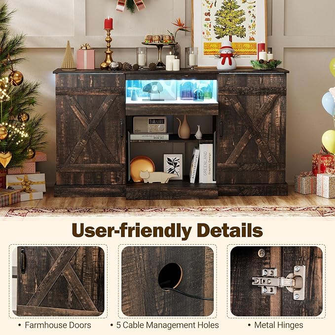 Tangkula 58”L Farmhouse LED TV Stand for TV up to 65 Inch, 32”H Tall Entertainment Center with 20 Color Led Lights, Media Console Table with Cubbies & Cabinets, Large Storage Cabinet for Living Room