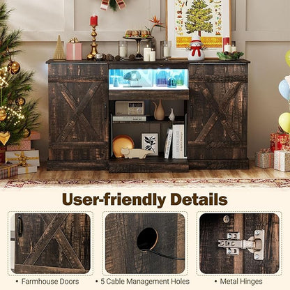 Tangkula 58”L Farmhouse LED TV Stand for TV up to 65 Inch, 32”H Tall Entertainment Center with 20 Color Led Lights, Media Console Table with Cubbies & Cabinets, Large Storage Cabinet for Living Room
