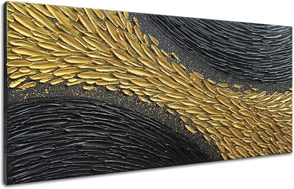 Slyart Black and Gold Wall Art, Large Gold Texture Abstract Art, Contemporary Art Oil Painting, 24"x48" Modern Home Decor for Living Room Bedroom