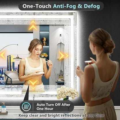 36x36 LED Bathroom Mirror with Lights, Backlit and Front Lit Anti-Fog Lighted Vanity Mirrors for Bathroom Wall, Dimmable, 3-Color Light, Memory, Shatter-Proof, HD Tempered Glass, CRI＞90