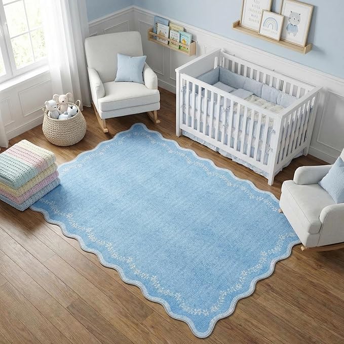 GarveeHome 4x6 Blue Scalloped Washable Area Rug for Nursery Room, Solid Floral Soft Bedroom Rug Non Slip Low Pile Small Carpet Stain Resistant Throw Rug for Dorm Kids Room Office Dining Room