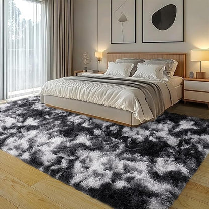 Plush Rug for Living Room Shaggy Area Rug High Pile Fuzzy Rug Non-Slip Indoor Floor Carpet Plush Area Rugs for Living Room Tie Dye Black White 5x7