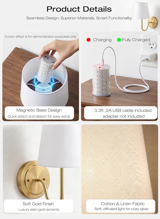 CLOUDY BAY 10000mAh Battery Operated Wall Sconces,Up to 100 Hours with Rechargeable RGB Dimmable Magnetic Bulb,Cordless Wall Lighting Fixtures with Remote for Bedroom,Soft Gold,2 Pack-12inch