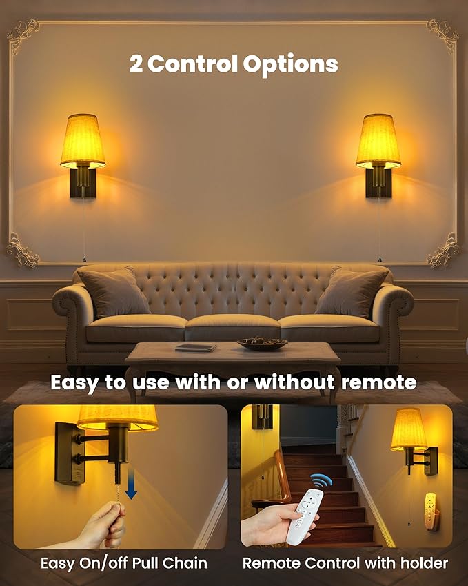 TECOMLIGHT Rechargeable Battery Operated Wall Sconces Set of 2, Wireless LED Wall Lights with Remote & On/Off Pull Chain, Wall Mounted Lamp Lighting Fixture for Bedroom Living Room, Matte Black