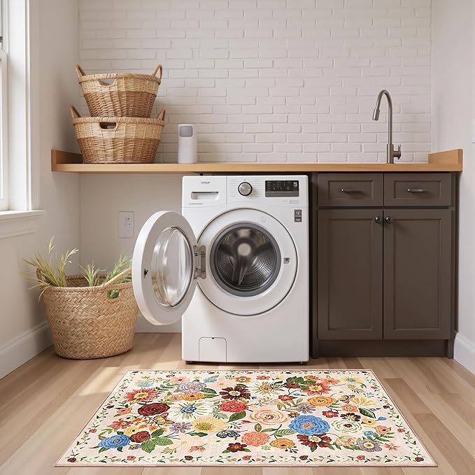2x5 Entryway Runner Rugs, Non Slip Washable Rugs with Rubber Backing Soft Floral Carpet Runner for Kitchen, Laundry, Bedroom, Bathroom, Beige Garden, 2 x 5