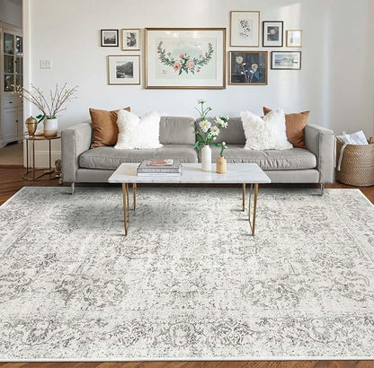 Rugxara 8x10 Washable Area Rug for Living Room, Extra Large Neutral Vintage Boho Rugs for Office, Kids Room, Farmhouse, Durable Low Pile Non Slip Carpet for High Traffic Areas, Light Grey