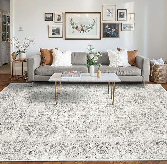 Rugxara 8x10 Washable Area Rug for Living Room, Extra Large Neutral Vintage Boho Rugs for Office, Kids Room, Farmhouse, Durable Low Pile Non Slip Carpet for High Traffic Areas, Light Grey