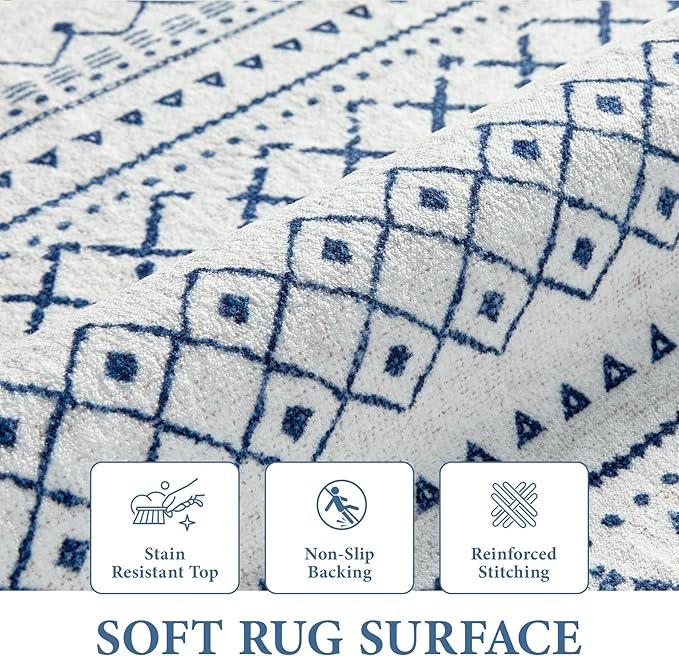 Area Rug for Living Room 6x9: Large Washable Boho Moroccan Rugs Geometric Neutral Rug, Non-Slip Foldable Morden Farmhouse Indoor Floor Carpet for Bedroom Dining Table Home(Blue,6'X9')