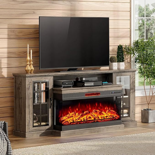 AMERLIFE 75in 3-Sided Glass Fireplace TV Stand for TVs up to 85", Rustic Fireplace Media Entertainment Center Console Cabinet Table with Glass Door Closed Storage, Wash Gray