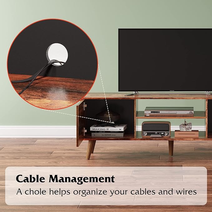 WLIVE TV Stand for 55 60 Inch TV, mid Century Modern Entertainment Center with 2 Cabinets Storage & Adjustable Shelf, Media Console Table for Living Room, Bedroom, Media Furniture, Retro Brown