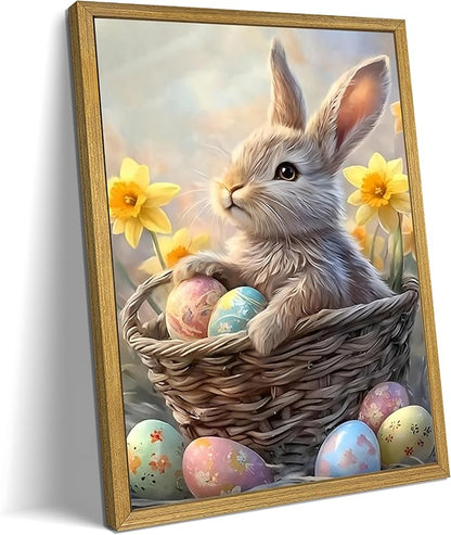 Easter Bunny Wall Art, Cute Rabbit Canvas Wall Decor Painting, Easter Eggs Poster Print Picture, Spring Farmhouse Animal Oil Painting for Living Room Bedroom Kitchen Holiday Home Decor 16x24 Inch Wood Framed