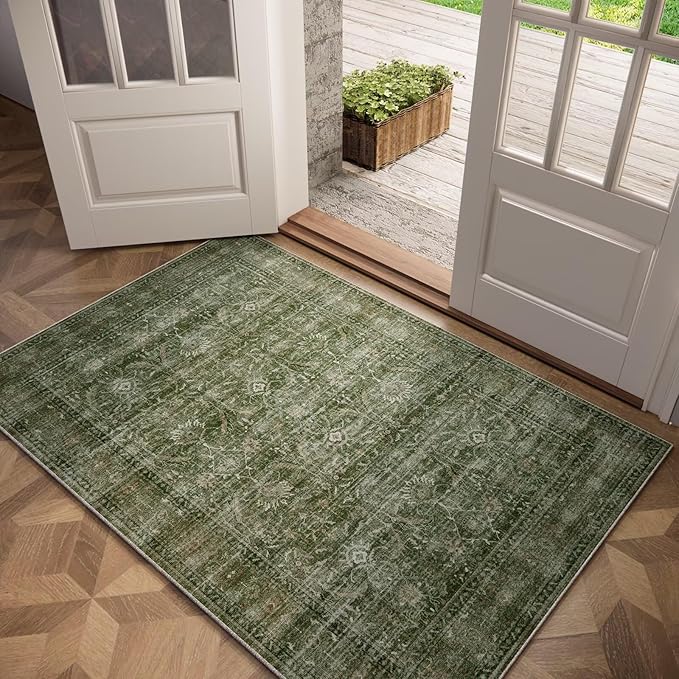 Washable 2x3 Entryway Rug, Boho Non-Slip Door Mat Vintage Distress Small Rugs for Kitchen Nursery Office Bedroom, 0.3" Neutral Oriental Throw Carpet with Cushioning Pad, Grass Green/Multi, D1