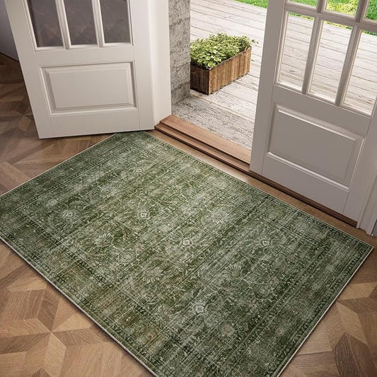 Washable 2x3 Entryway Rug, Boho Non-Slip Door Mat Vintage Distress Small Rugs for Kitchen Nursery Office Bedroom, 0.3" Neutral Oriental Throw Carpet with Cushioning Pad, Grass Green/Multi, D1