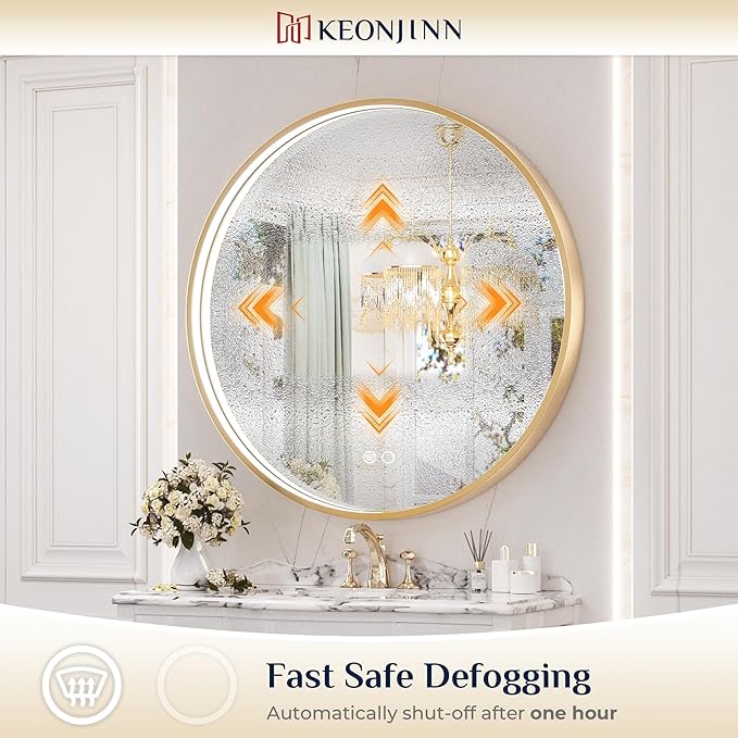 Keonjinn 32 Round LED Mirror for Bathroom with Lights, 3 Color Lights Gold Metal Framed Frontlit, Circular Wall Vanity Mirror Dimmable Makeup Mirror Anti Fog UL Listed CRI≥90